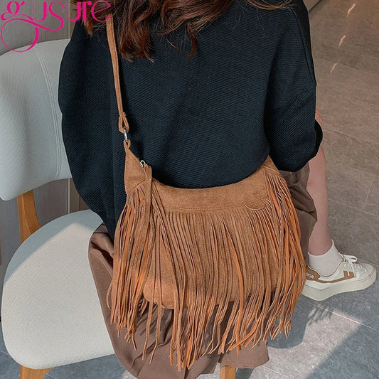 Gusure Vintage Tassel Crossbody Shoulder Bags Women Fashion Suede Small Handabg and Purse Female Luxury Design Armpit Hobos Bag