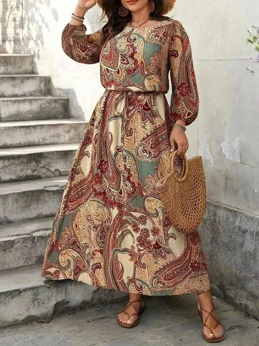 Plus size women's paisley print long-sleeved elegant dress with drawstring waist for slimming, holiday style, ethnic style print