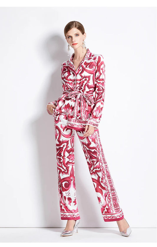 Gizelle High Street Runway Floral Print Notched Collar Blouse & Wide Leg Pants Fashion 2 Pieces Sets Women Chic Designer Outfits