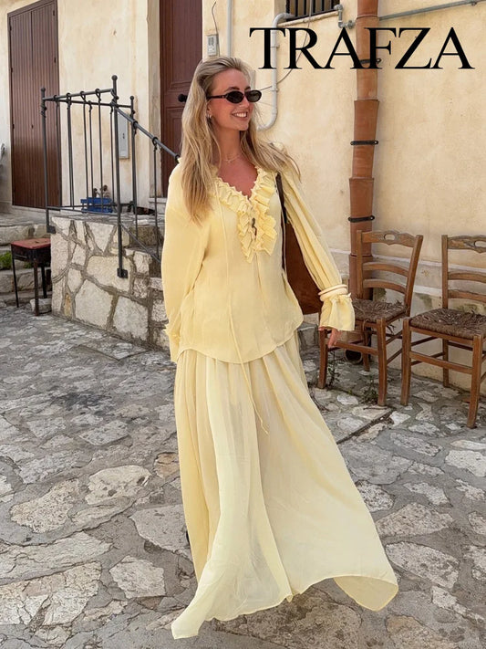 TRAFZA Women Elegant Skirt Suit Solid Long Sleeves Lace Loose Shirt+Zipper Pleated Pull Rope Decoration Casual Long Skirt Set