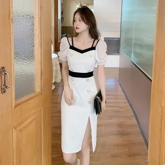 Midi Woman Dress Short Sleeve Split Elastic Y2k Fashion Summer 2025 Elegant and Beautiful Chic Pretty Vintage Dresses for Women