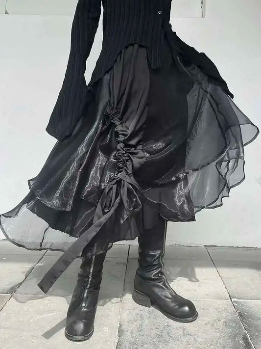 EAM High Elastic Waist Irregular Organza Long Casual Black Half-body Skirt Women Fashion Tide New Spring Autumn 2025 1DF8320