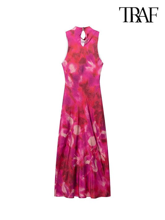 TRAF Women's Fashion Pink Floral Printed Satin Long Button Embellished Back Sleeveless Dress Casual Vacation Party Evening Dress