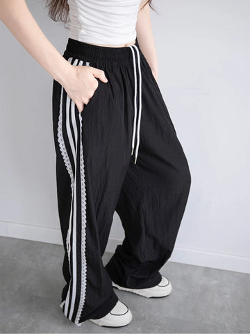 Lace Quick-drying Sweatpants for Women Summer Side Stripe Casual Wide-leg Pants High Waist Loose White Straight-leg Pants Women