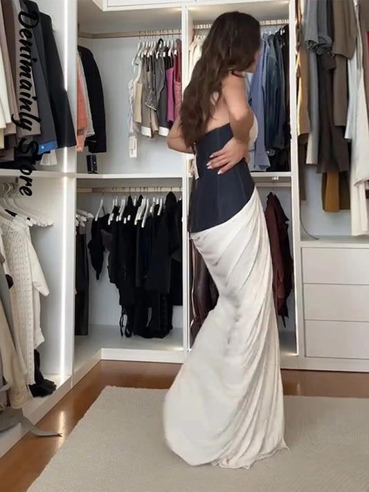 Chic Splicing Slim Waist Pleated Long Dress Women Halter Sleeveless Backless Party Dresses 2025 New Summer Lady Holiday Robes