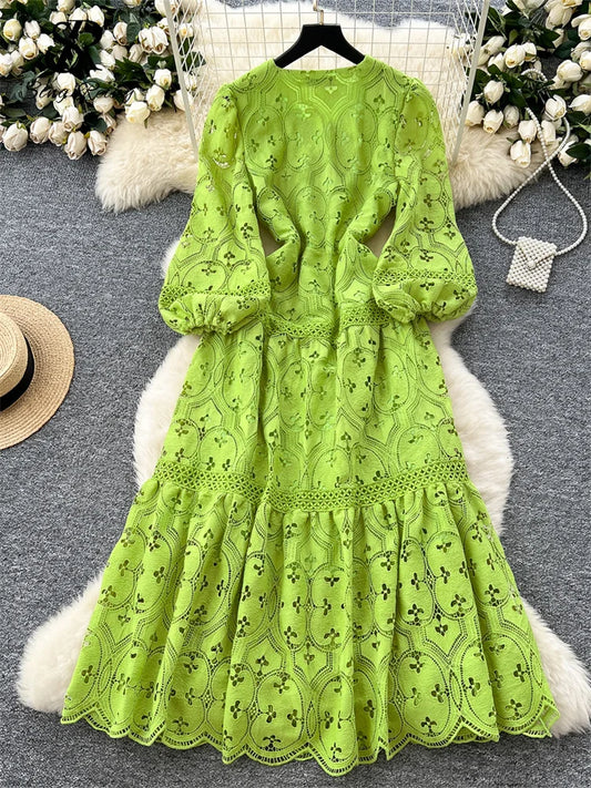 SINGREINY French Vacation Fashion Dress Women Buttons Hook Flower Hollow Out Design 2025 High Quality Lace Ruffles Long Dress