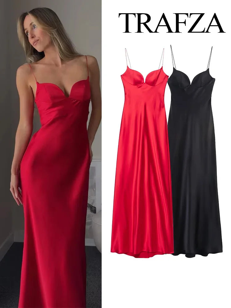 TRAFZA 2025 Women Summer Holiday Style Back Zipper Satin Texture Long Dress Sleeveless Women's Fashion Red V-Neck Sling Dresses