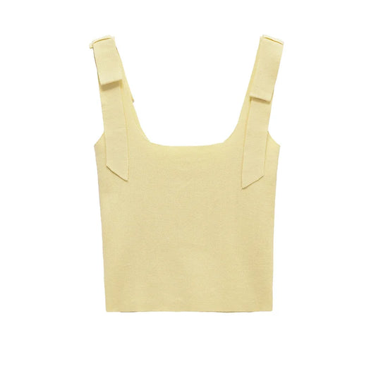 Casual Chic Women Tops Solid Bow Sleeveless Short Slim Vest New Fashion 2025 Spring Summer Holiday Female Tops ﻿