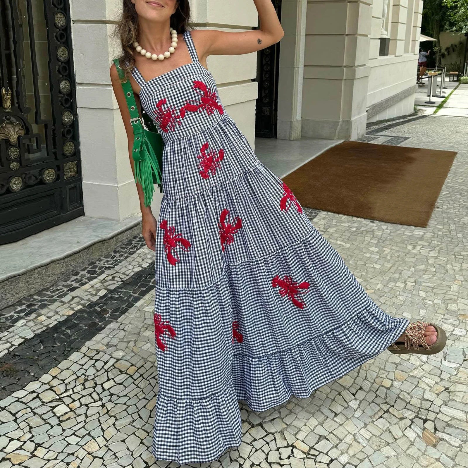 Imcute Women Cute Embroidered Maxi Dress Beach Dress Summer Boho Ruffle Long Dress Spaghetti Strap Flowy Maxi Dress