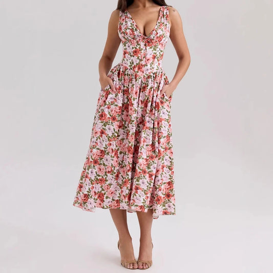 Summer Fresh Slim Fit V-Neck Camisole Print Long Dress for Women Temperament Party Dress
