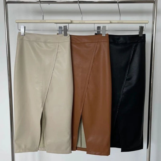 Autumn Front Split Brown PU Midi Pencil Skirts Irregular Slim Hip Faux Leather Ivory Calf Sheath Skirts