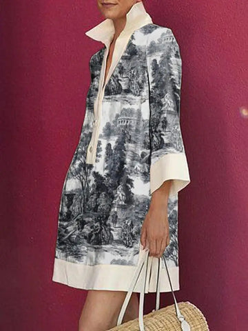 Yeezzi Female Vintage Elegant Printed Party Evening Mini Dresses 2025 New Long Sleeves Loose H-line Lapel Shirts Dress For Woman