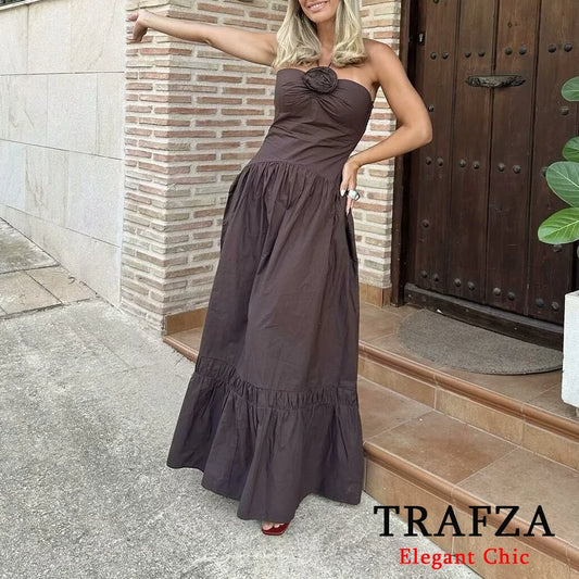 TRAFZA Elegant Sexy Brown Flower Halter Women Dress 2025 Summer Fashion Neck-mounted Backless Long Dress Evening Date Dress