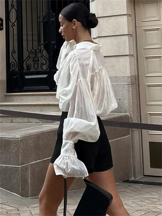 Autumn See-Through Casual Shirts Top For Women Loose Slim Long Sleeve Lapel Cardigan Streetwear Women's Pleated Shirts Top