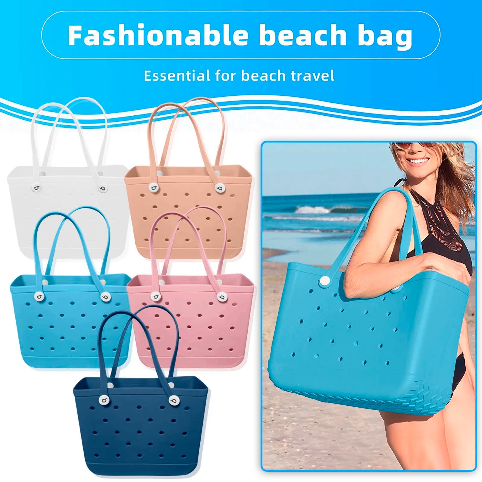 Large Boggs Beach Bag Summer Beach Basket Women Picnic Tote Bag Holes Waterproof Tote Handbag Pouch Shopping Shoulder Bag