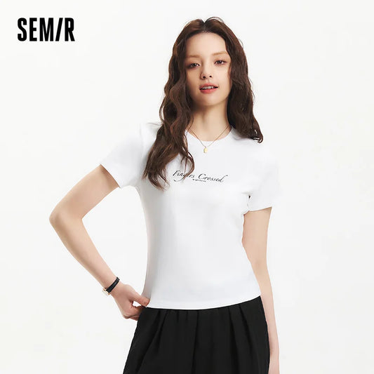Semir Short Sleeve T-Shirt Women Slim Fit Casual Summer 2025 New Letter Round Neck Top Minimalist for Everyday Style