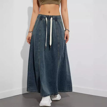 DongCMY Women's Denim Long Skirts Elastic Waist Loose Solid Color High Waist Big Skirt Denim Skirt Women Casual Dress Streetwear