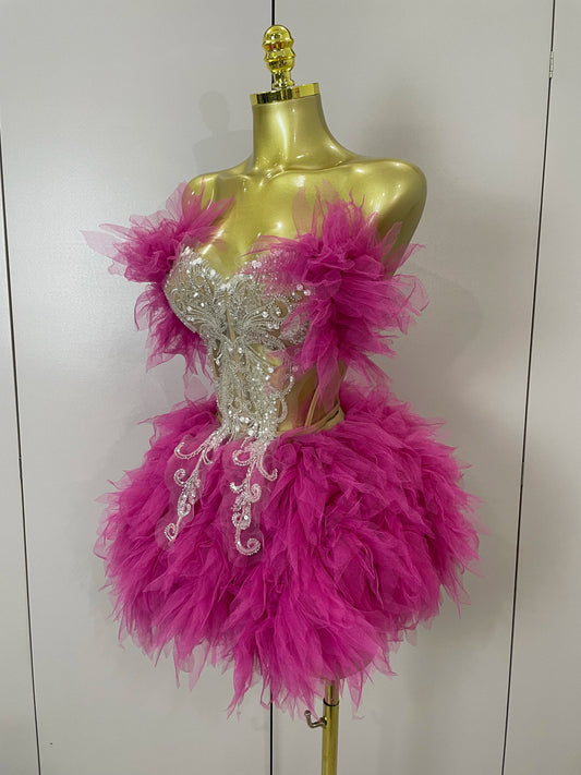 Sexy Strapless Two Pieces Set Prom Gown Mini Dress 2025 Women Celebrate Nightclub Party Performance Costume Singer Stage Wear