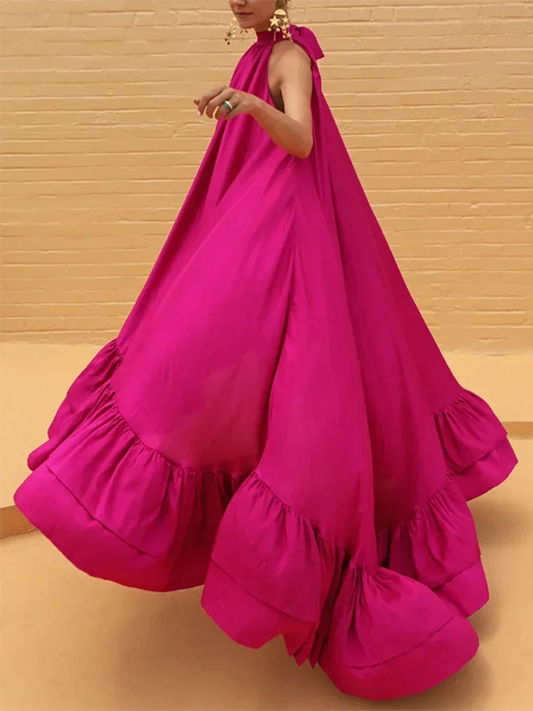 Bonboho Summer Women's Rose Red Maxi Dress Halter Neck Sleeveless Pleated Ruffled Party Dresses Female Casual Beach Dress