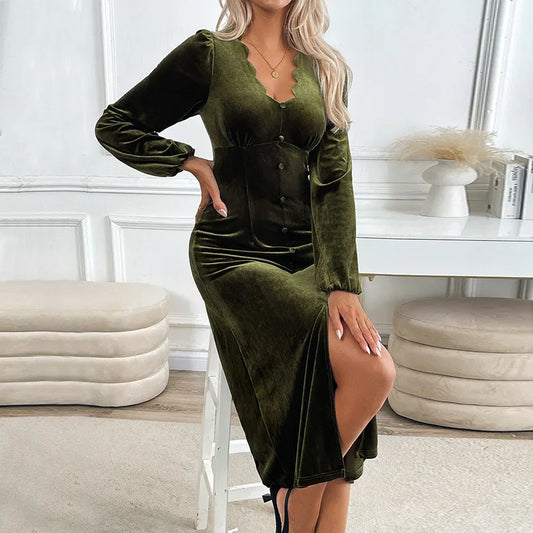Solid Color Casual Slim Long Dresses For Women 2025 Fashion Autumn Women's A-Line Midi Dress Elegant Vintage Female Dresses