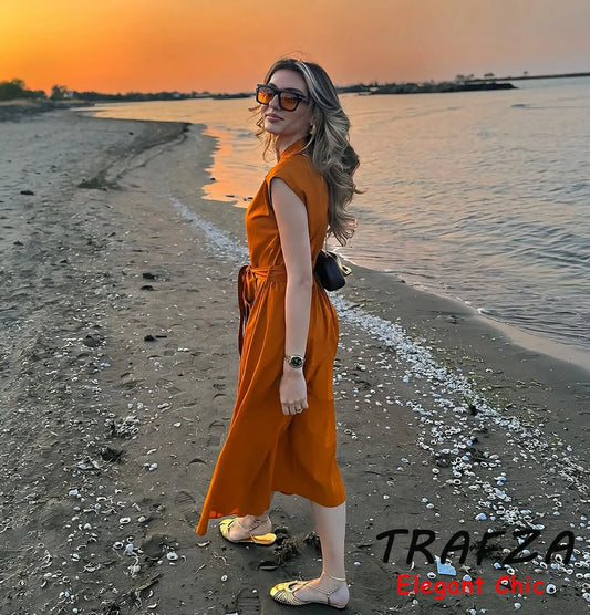 TRAFZA Holidays Chic Belt Dress Women's Lapel Sashes Sleeveless Long Dress 2025 Fashion Summer Elegant Casual Mujer Dress