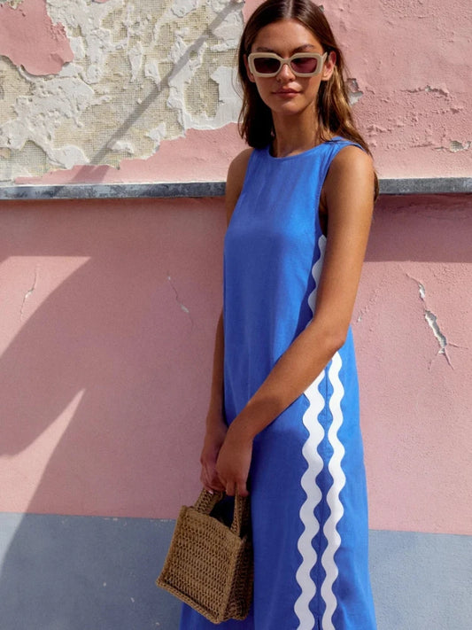 Summer Solid Patchwork Loose Midi Dress Women Casual O-neck Sleeveless Split Vintage Dress Female Beach Holiday Sundresses 2025