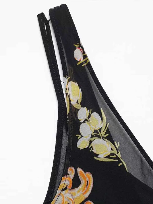 European style new women's fashion versatile temperament suspender print sleeveless v-neck long dress