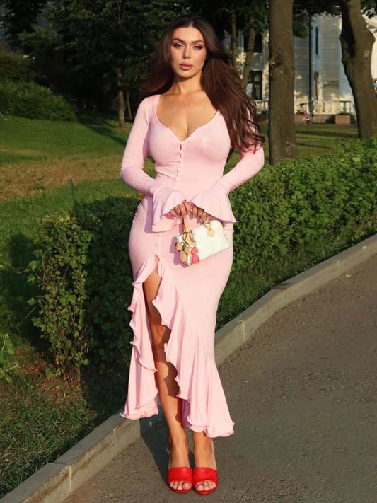 Nibber Temperament Women Dress Single-Breasted Irregular Split Ruffles Full Sleeve Autumn Trend Low-Neck Banquet Party Vestidos