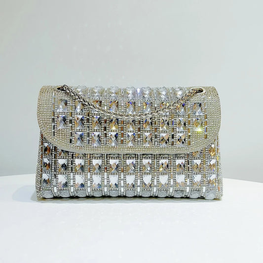 Full Rhinestone Women's Chain Bag Evening Dress Silver Crossbody Shoulder Handbag Diamond Mobile Phone Bags Party Clutch Purse