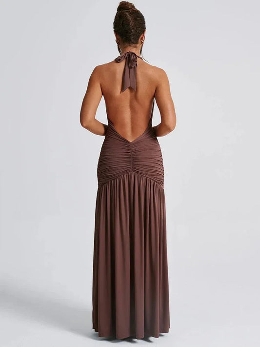 2025 Summer Halter Deep V Neck Backless Maxi Dress For Women Fashion Solid Sleeveless Thigh High Split Sexy Long Dress Elegant