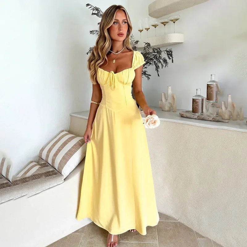 Retro French Style Slim Fit Waist Cinched Elegant Summer Dress Pure Color Casual Dress Ankle Length Empire Waistline