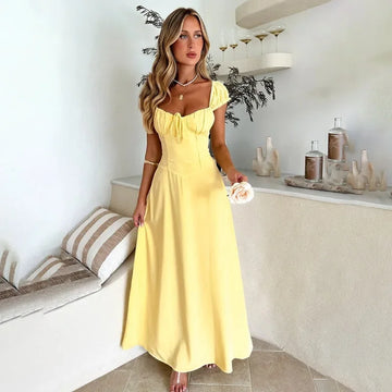 Retro French Style Slim Fit Waist Cinched Elegant Summer Dress Pure Color Casual Dress Ankle Length Empire Waistline