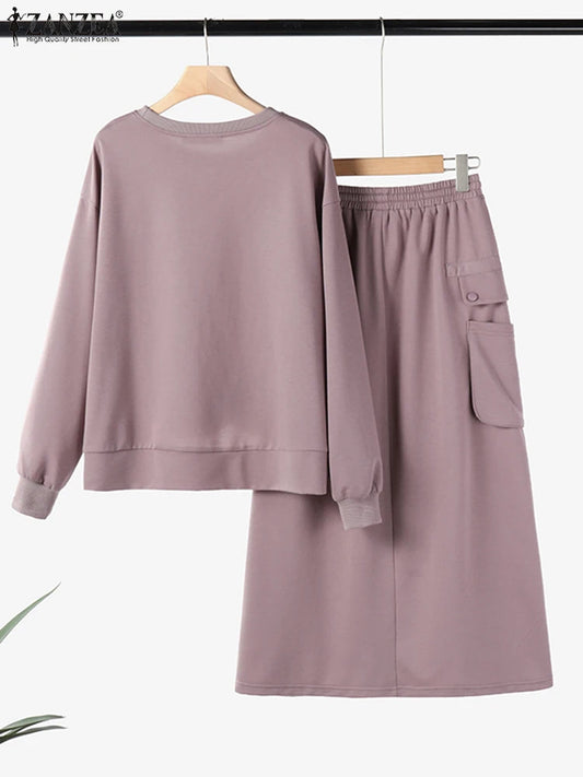 2025 ZANZEA Winter Women Long Sleeve Hoodies Tops Sundress Autumn Sweatshirts Dress Sets  Spring 2pcs Outfits OL Matching Sets