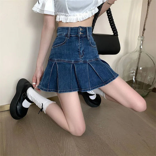 Lucyever Korean Style Women's Mini Denim Skirt Fashion High Waist A-Line Jean Skirts Woman 2025 Summer New Street Pleated Skirts