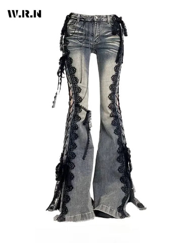 Retro Eyelets Lace Up Flare Jeans Stitch Lace Whiskers Slim Low Rise Split Bootcut Pants Women Bell Bottoms Streetwear