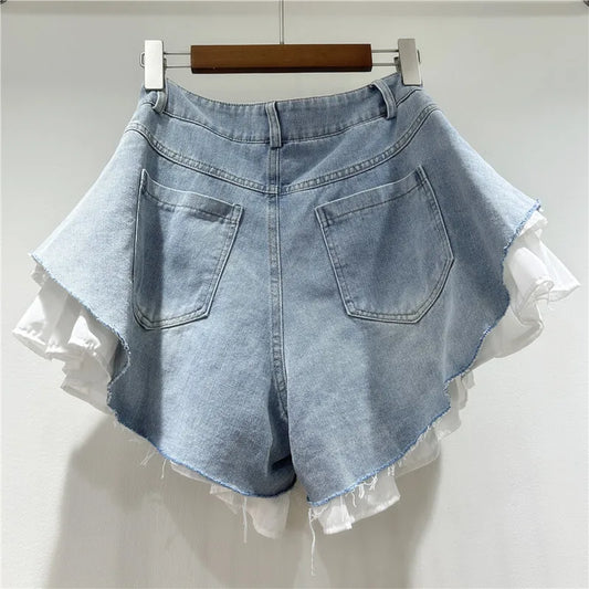 WTHT New Fashion Women's Patchwork Hem Wash Denim Shorts 2025 Summer Trendy High Waist A-line Short Pants Female 1LS1393
