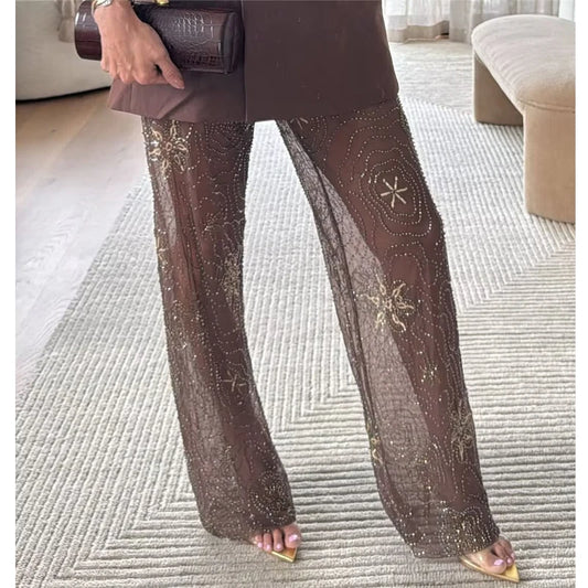 MUJER Sequin Baggy Pants Woman Beads Wide Leg Pants for Women See Through Casual Pants Women Streetwear Fashion Trousers Womens
