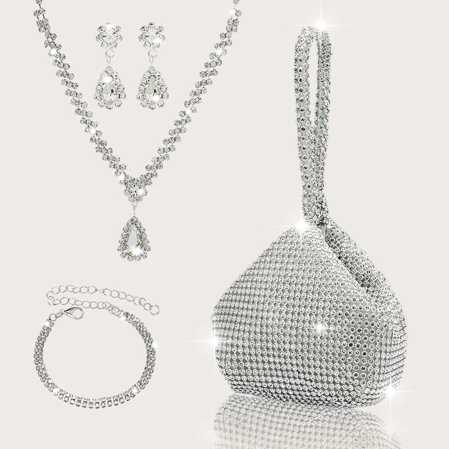 Elegant and luxurious rhinestone-encrusted evening bag and clutch, paired with a four-piece necklace, earrings and bracelet.