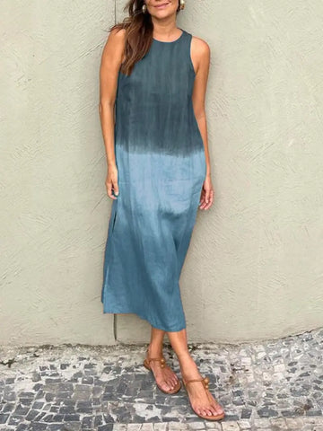 Summer women's casual cotton and linen sleeveless slit gradient dress