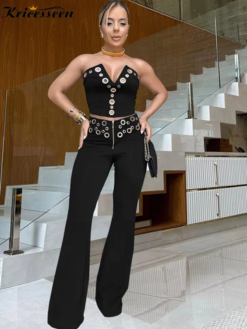 Kricesseen Women's Eyelet Pants Set 2 Piece Outfits Summer Runway Sequins Crop Top And Wide Legs Pants Set Workout Overalls