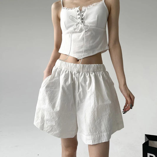 2025 New Elastic Waist Shorts for Women Summer Thin Style High Waist Short Pants Female Casual Solid Short Wide-Leg Pants Mujer