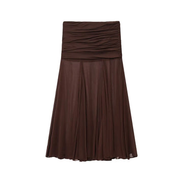 ZBZA Women's Translucent Pleated Design Skirt Mid-length Side Zipper Solid Color A-line Skirt New Summer Casual Simple Skirt