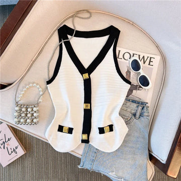 Metal Buttons Patchwork Tank Tops White Crop Top Chic Y2k Sleeveless Summer Knit Tops T-shirt Korean Women's Clothing New