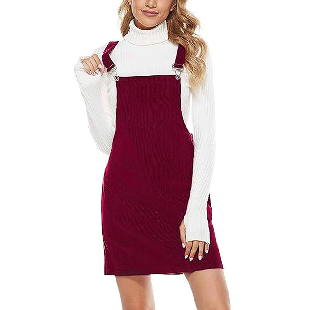 Corduroy A-line Mini Dress with Pockets Teenager Girls Autumn Winter Bib Dress Solid Color Daily Outfit Holidays Vacation Outfit