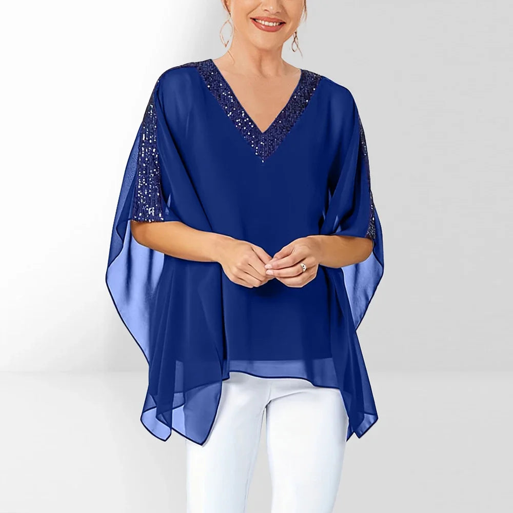 Plus Size Mesh Sequins V-Neck Women’s Elegant Shirt Blouse Split Batwing Sleeve Solid Tierred Irregular Casual Summer Female Top