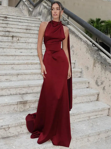 GACVGA Elegant Satin Halter Women Maxi Dress Back Bandage Sleeveless 2025 Summer Sexy Club Pary Evening Long Dress