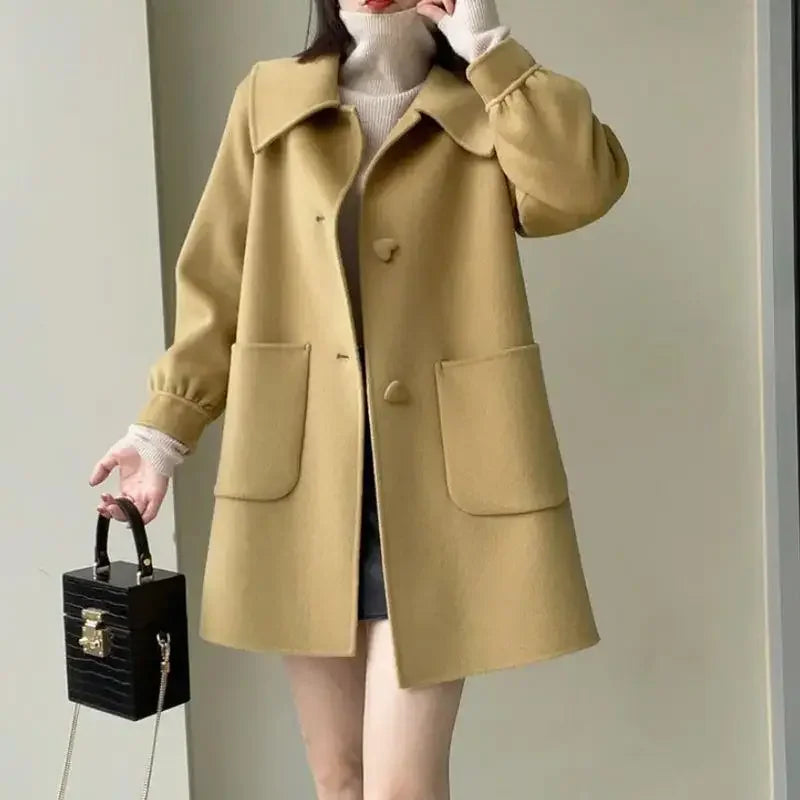 Autumn Winter New Style Slimming Long Coat with Heart Buckle Doll Collar Knitted Outerwear for Women Chinese Brand AE Stock
