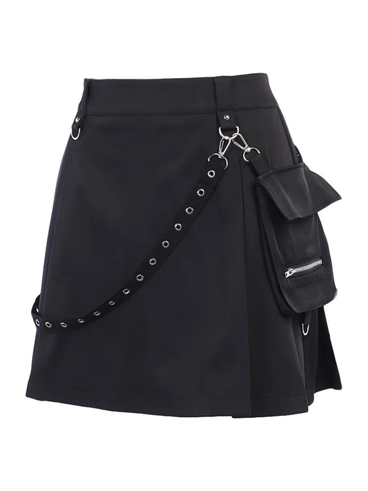 Women Gothic Punk Mini Skirts High Waist Half Skirts with Belt Pocket Korean Fashion Pleated Skirt