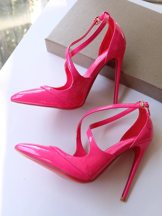 Cross strap slim high heels, rose red patent leather, super shallow mouth, sexy temperament, high heels, customized size sandals