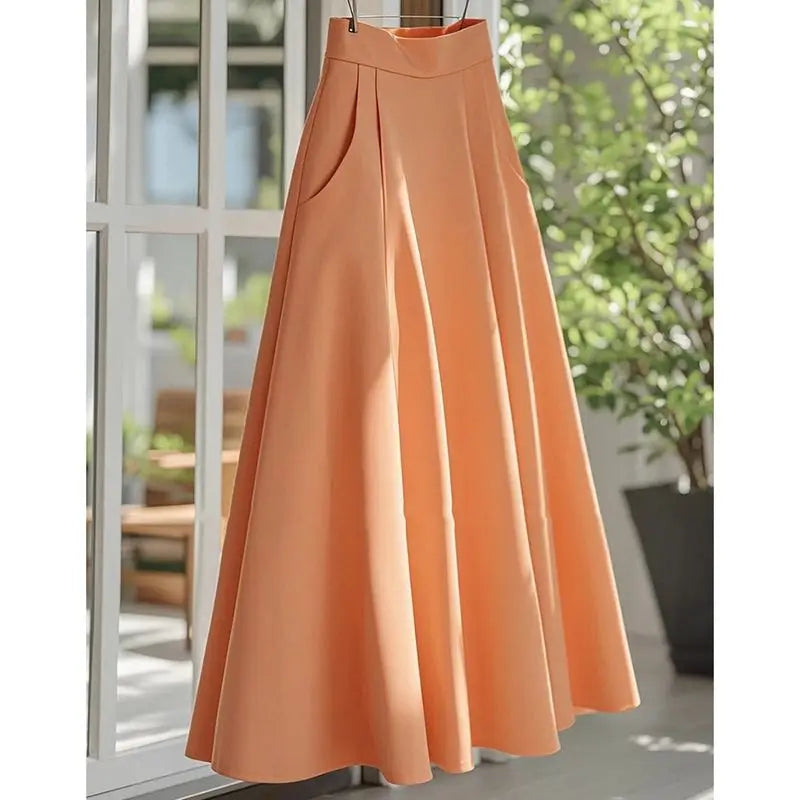 2025 Summer Women French Retro Long Solid Color Skirts Female High Waist Pockets Skirts Ladies Loose Casual A-line Skirt Z254